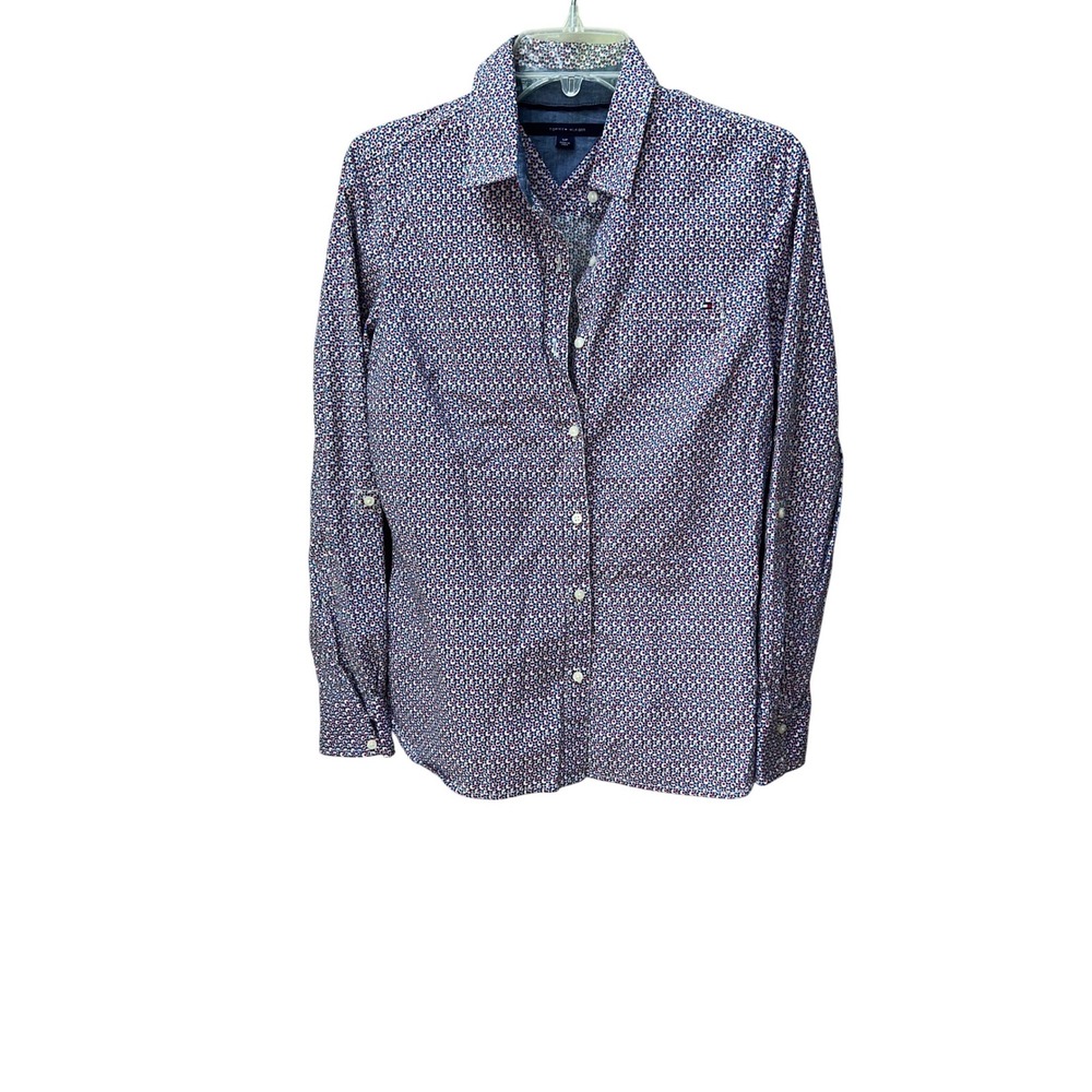 Tommy Hilfiger W Small Red White Blue Geometric Micro Print‎ Button Down Shirt